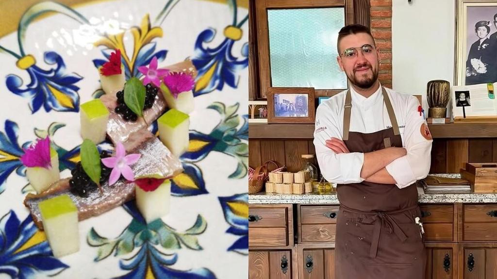 Uno de los platos del restaurante junto al chef, Víctor Hierrezuelo.