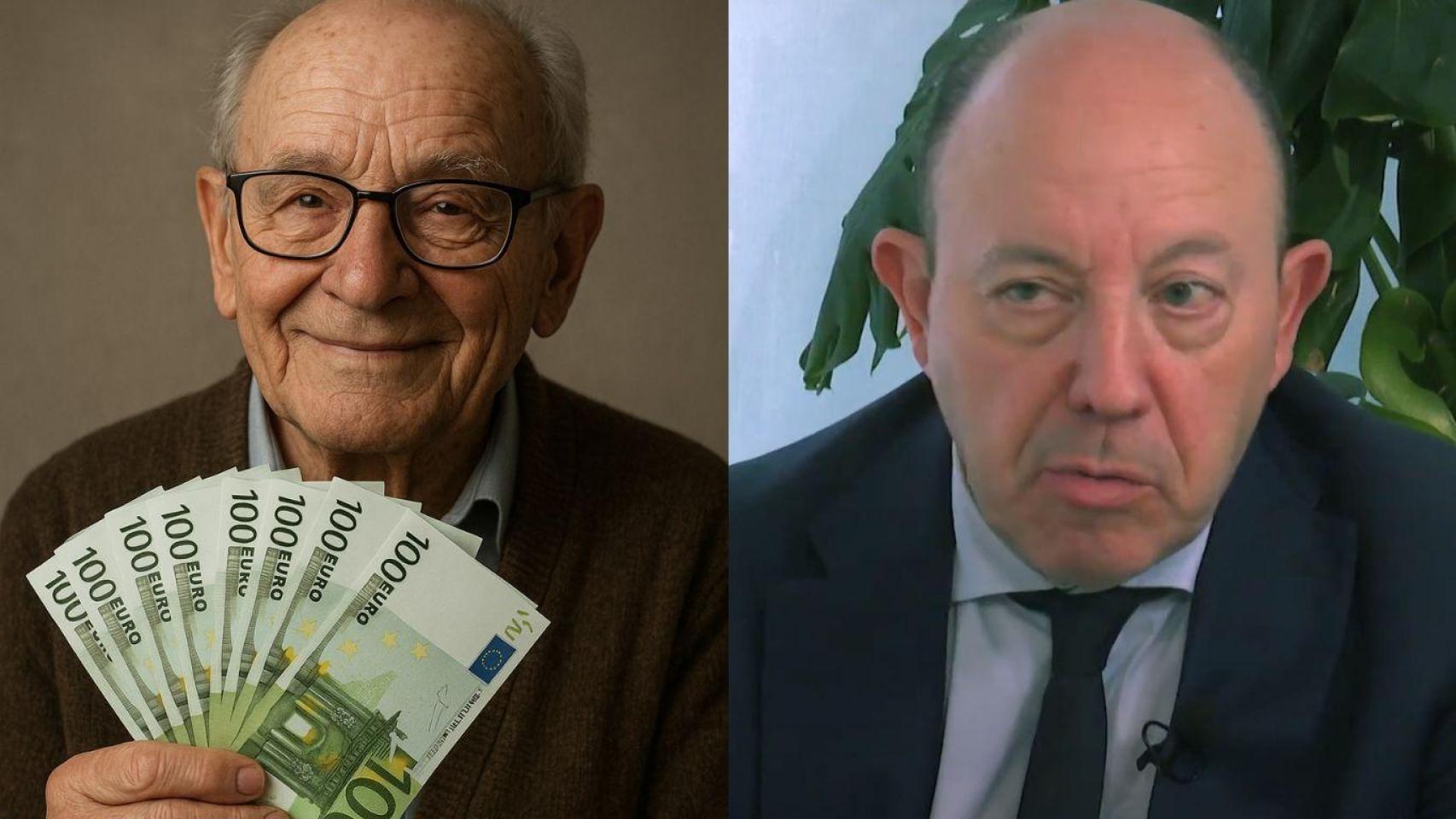 Montaje con Gonzalo Bernardos, economista, en el pódcast Libertad sin Deudas y un jubilado