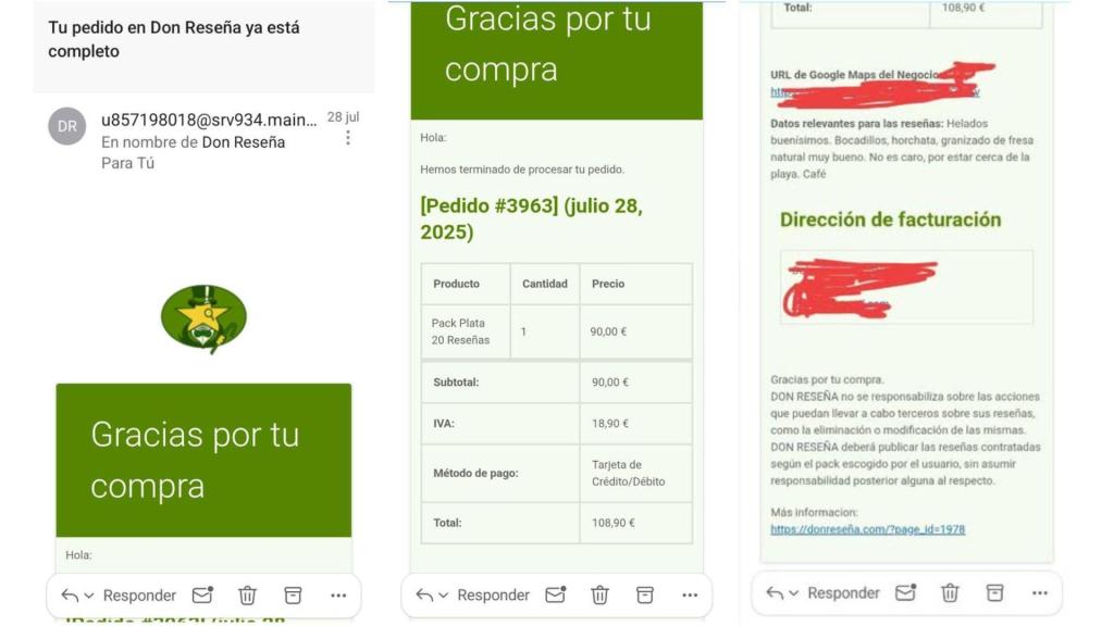Correo de confirmación de la compra de reseñas falsas.