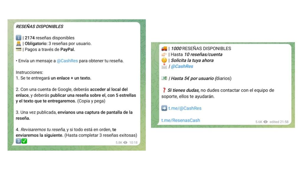 Mensajes enviado a través de Telegram para captar usuarios que escriban reseñas.
