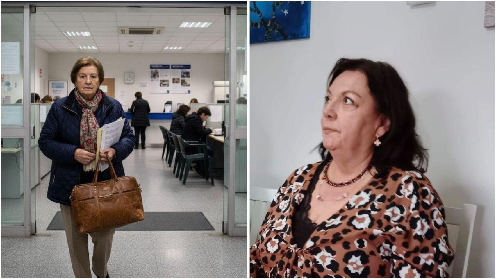 Concepción (derecha) y una imagen generada por IA de una jubilada saliendo de una oficina.