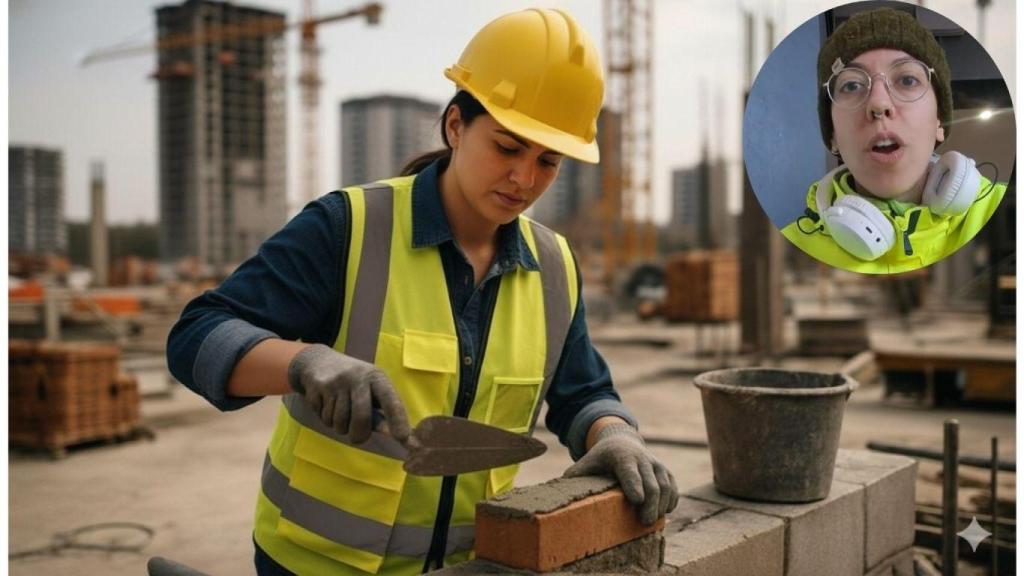 Fotomontaje de Nerea y una 'albañila' trabajando en la obra.