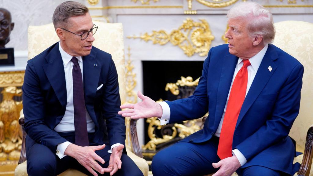 Donald Trump with Finland's President Alexander Stubb on Thursday at the White House.