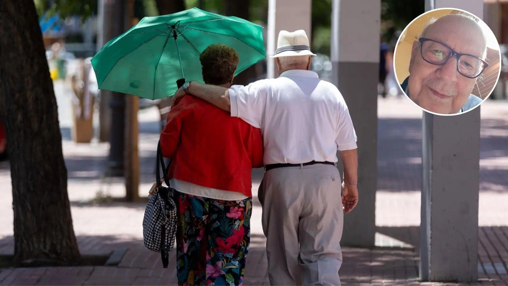 Alfonso y una pareja de jubilados paseando por la calle.