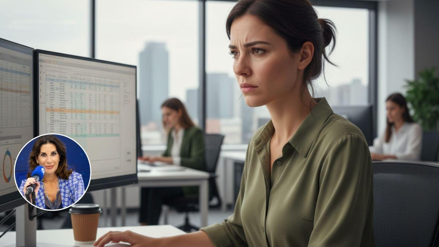 Una trabajadora en una oficina generada con IA y Pilar García de la Granja.