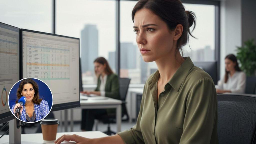 Una trabajadora en una oficina generada con IA y Pilar García de la Granja.