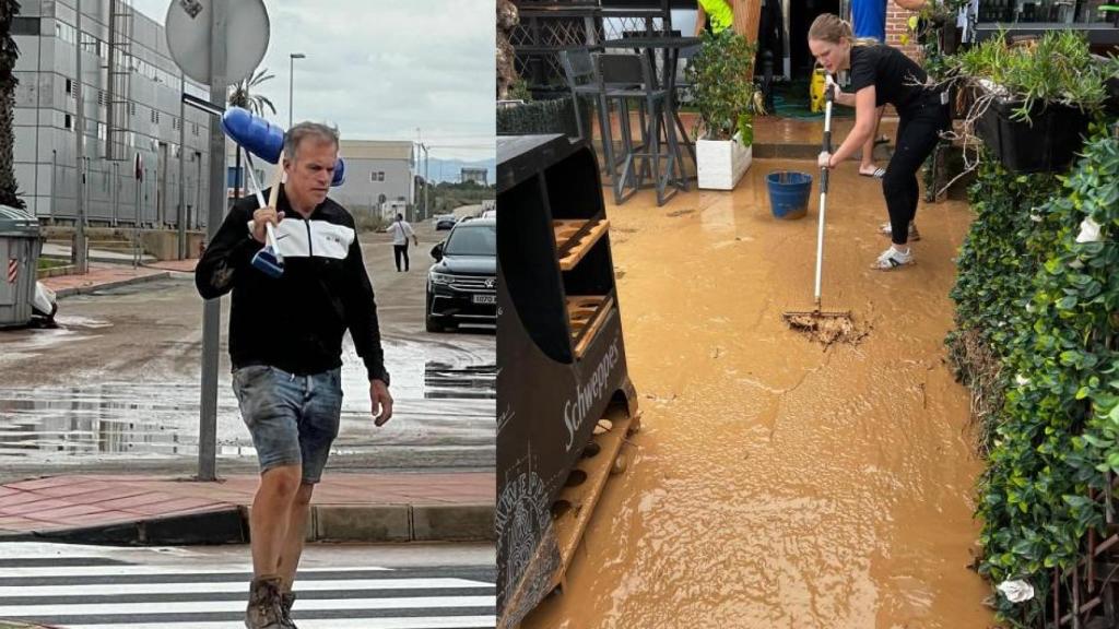 Jesús Moreno, este sábado, con material para limpiar el Restaurante Vinissimo de San Javier, afectado por la dana 'Alice'.