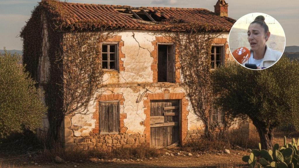 Imagen generada por IA de una vivienda derruida y Virginia, la propietaria.