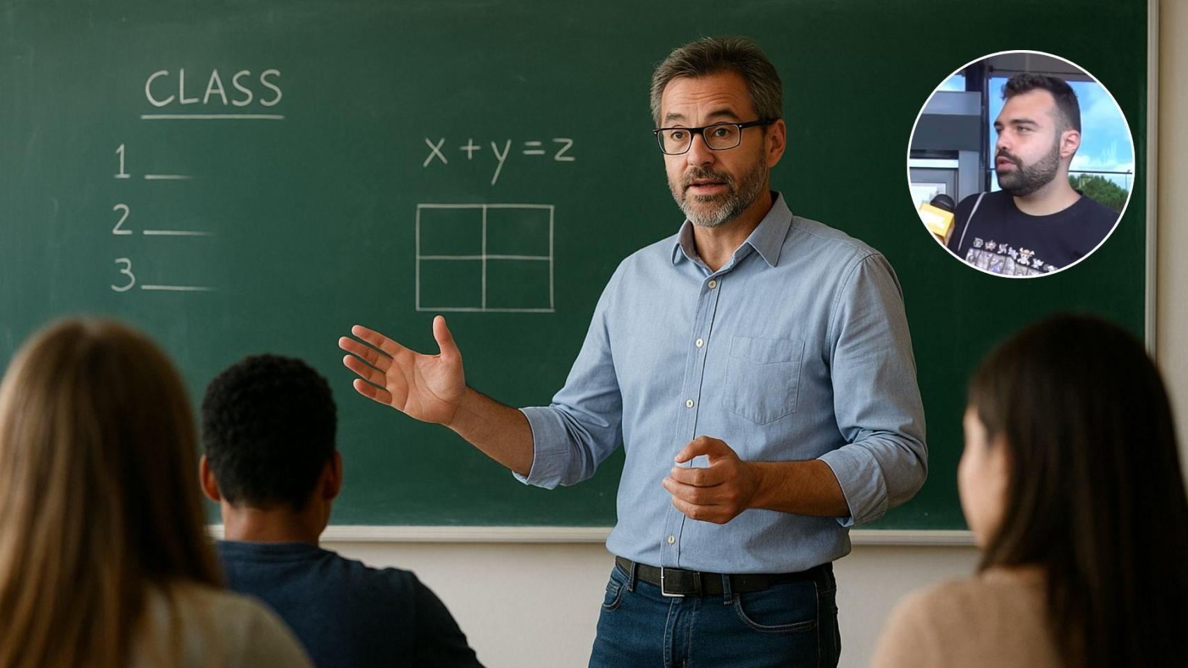 Imagen generada por IA de un profesor en un aula y el profesor de secundaria.