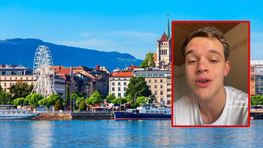 Pablo, un joven español, y una panorámica de la ciudad de Ginebra (Suiza). Montaje de El Español