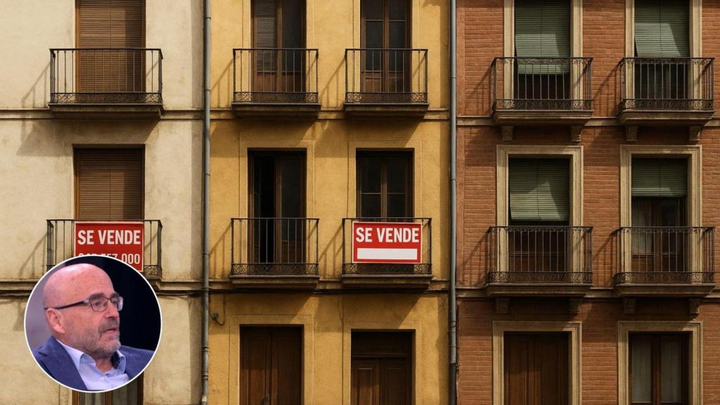 Imagen generada por IA de un edificio con una vivienda en venta y una imagen de Javier Díaz-Giménez.