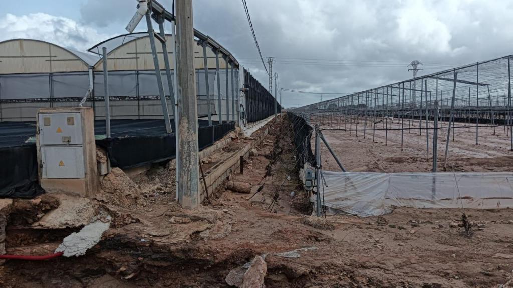 La dana 'Alice' ha provocado agujeros en la tierra y ha destrozado los invernaderos de Antonio Torres en El Mirador (San Javier).