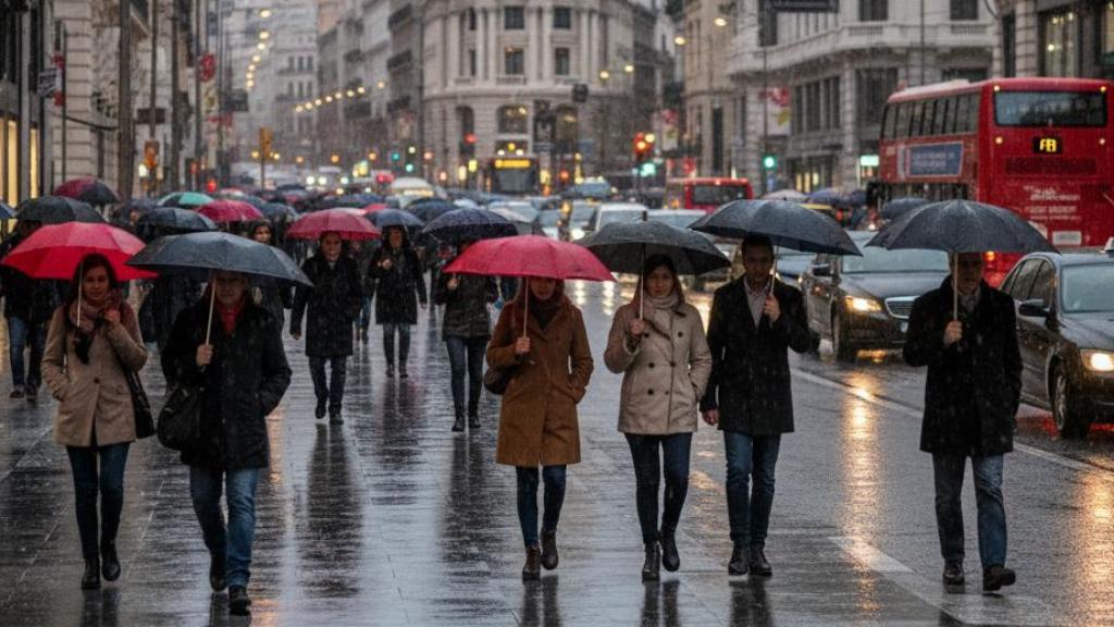 Imagen de una calle de Madrid en un día lluvioso generada por IA.