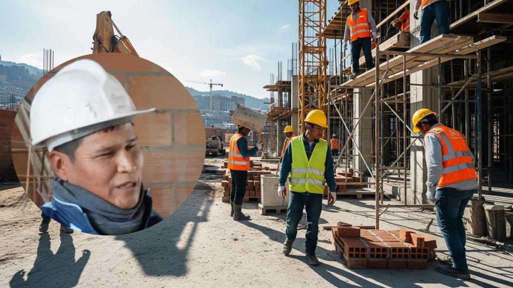 Montaje de un albañil de Bolivia con obreros de la construcción en una imagen creada con IA.