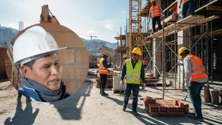 Montaje de un albañil de Bolivia con obreros de la construcción en una imagen creada con IA.