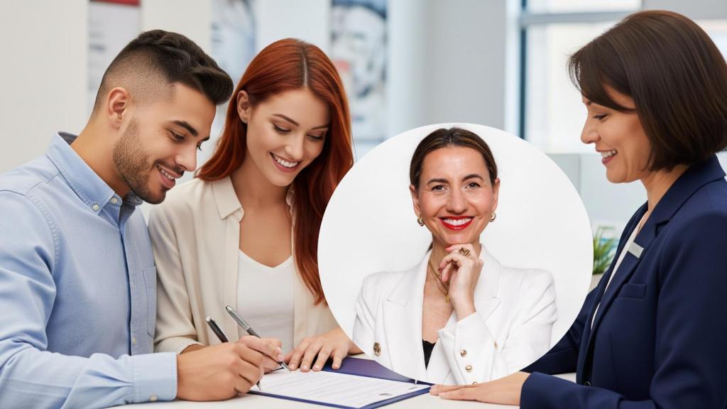 Montaje de Ana Cerdeira con la firma de un contrato de reserva en una imagen creada con IA.