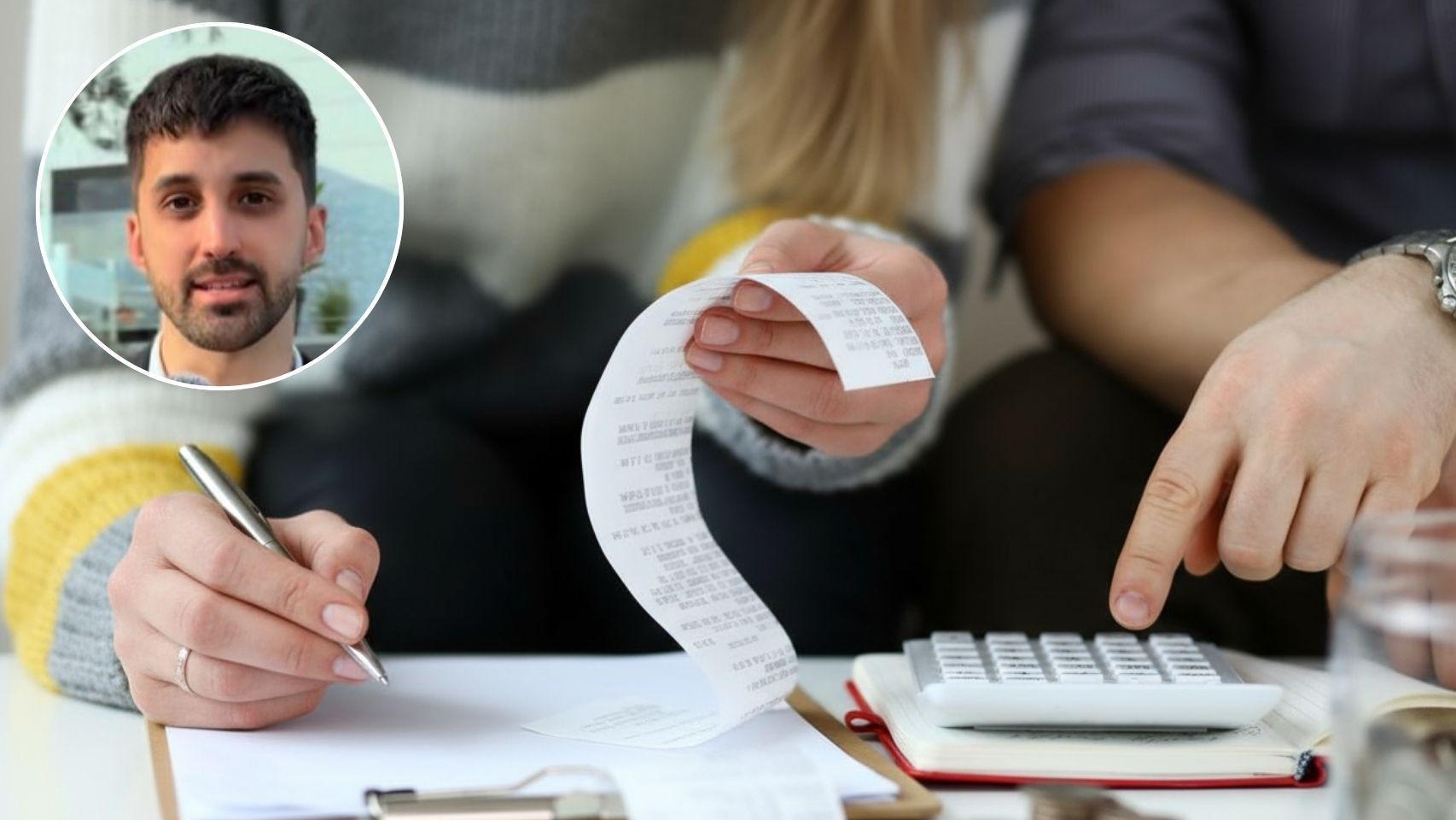 Kevin Anguila y una pareja calculando gastos.