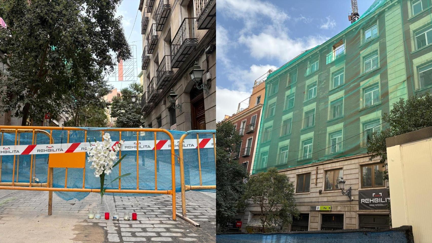El altar que han hecho los vecinos a los 4 fallecidos en el derrumbe y la fachada del edificio de la calle de las Hileras número 4.