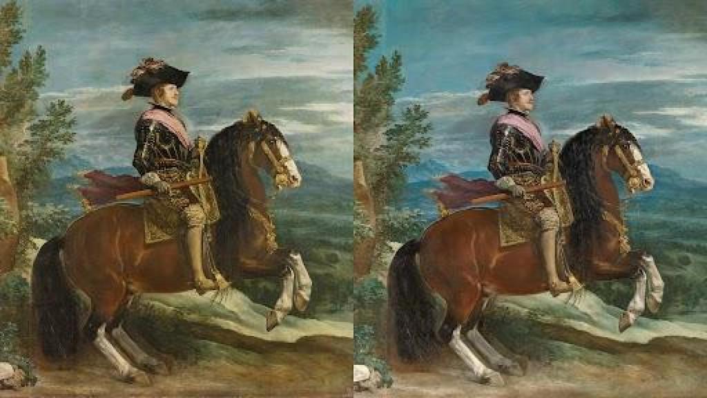 Diego Velázquez: 'Felipe IV a caballo' (antes y después de la restauración), 1635. Foto: Museo Nacional del Prado