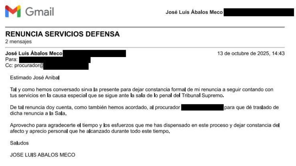 El 'mail' de Ábalos a su abogado.