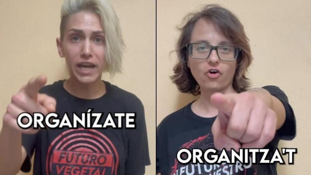 Luna Lagos (i) y Victòria Domingo (d) son portavoces del colectivo Futuro Vegetal, que el Día de la Hispanidad roció con pintura un cuadro en homenaje a Cristóbal Colón en el Museo Naval de Madrid.