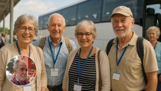 Imagen generada por IA de unos jubilados en el Imserso y una imagen del jubilado.