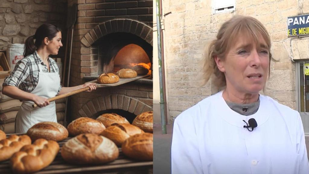 Marimar de Miguel, gerente de Villímar y una imagen generada por IA de una panadera horneando pan.