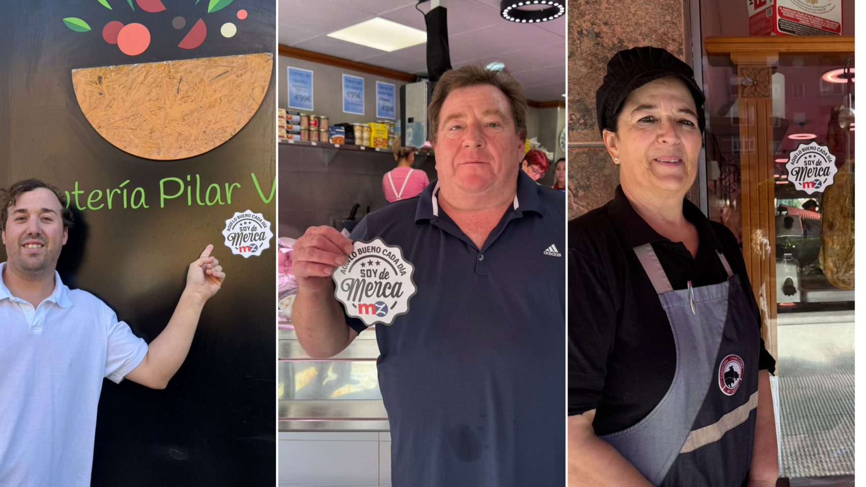 José María Calvera (Frutería Pilar Vera), Rafael Abad Gordo (Pescadería Merche) y Carmen Vera (Carnicería Carmen)