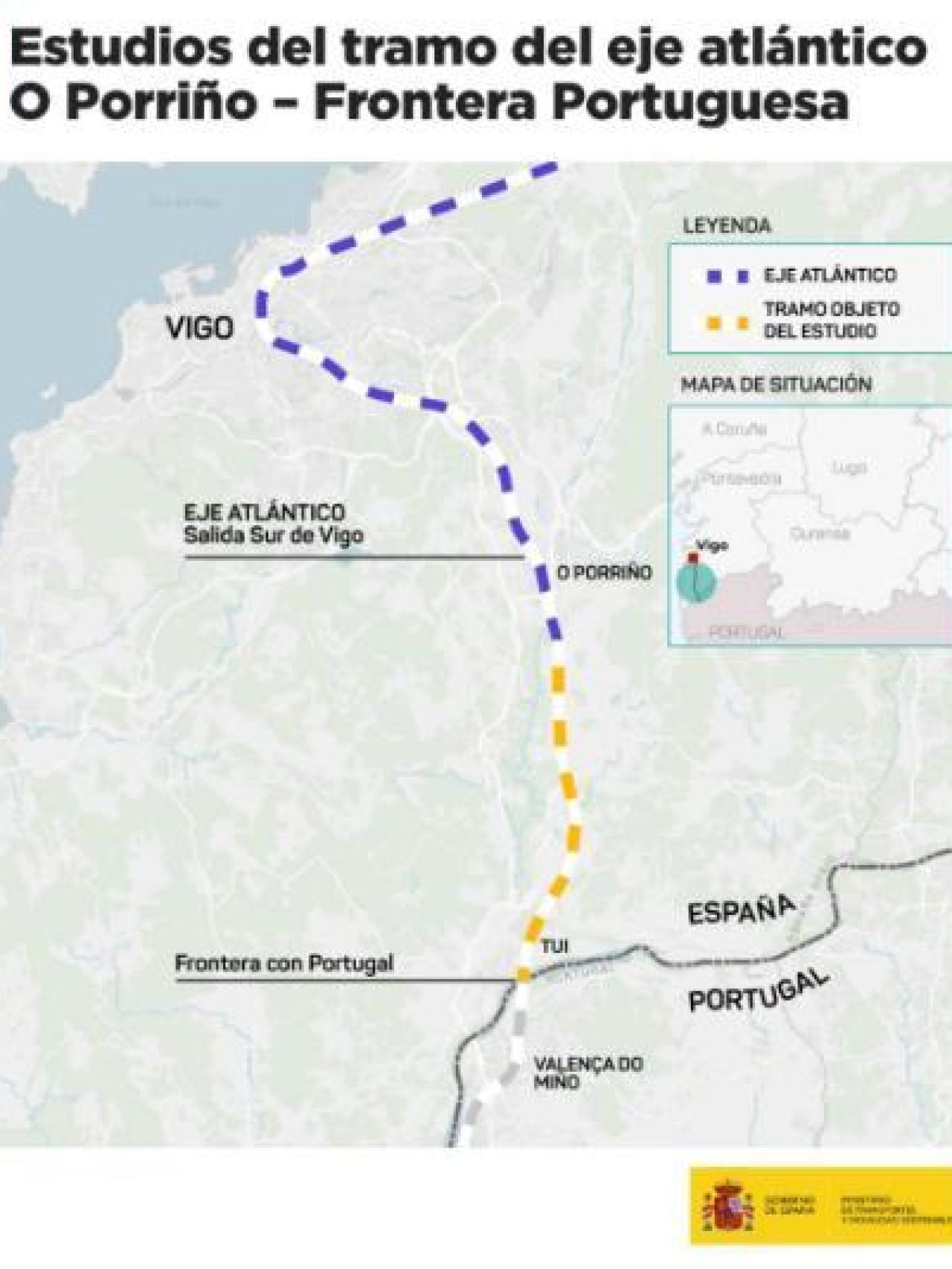 Mapa del trazado de la conexión del Eje Atlántico con Portugal