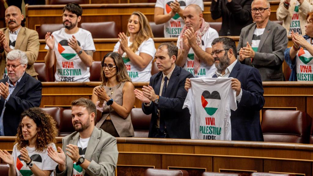 Varios diputados de Sumar muestran camisetas a favor de Palestina en el Congreso