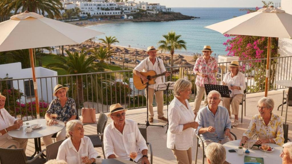 Un agente de viajes junto a un grupo de pensionistas. Imagen generada con IA.