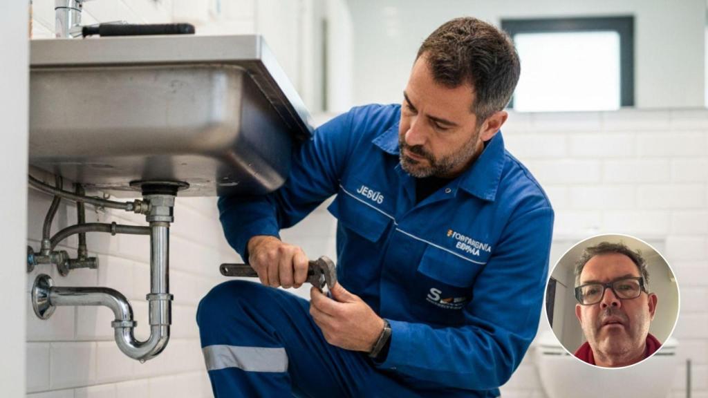 Imagen generada por IA de un fontanero trabajando y Jesús Rodríguez.