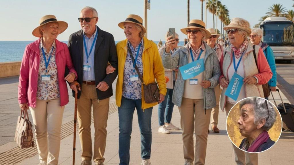 Imagen generada por IA de varios jubilados en el Imserso y de una jubilada.