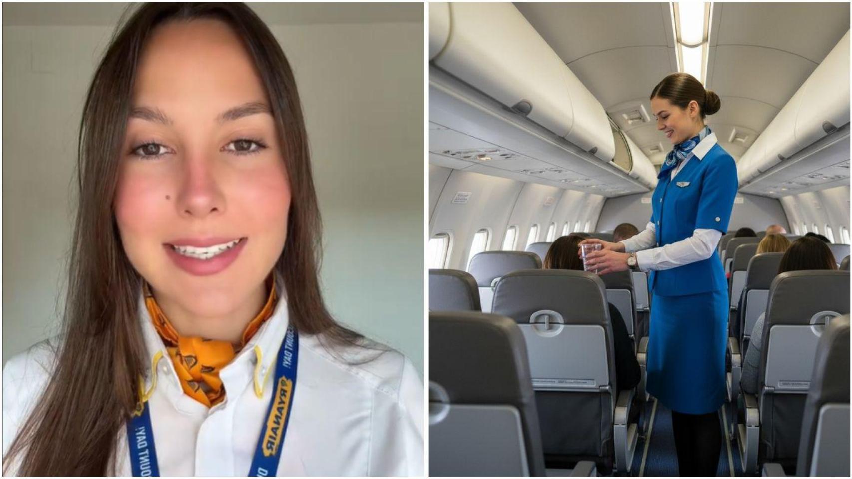 Fotomontaje de Mercedes Pérez y una azafata atendiendo a un pasajero en un vuelo.