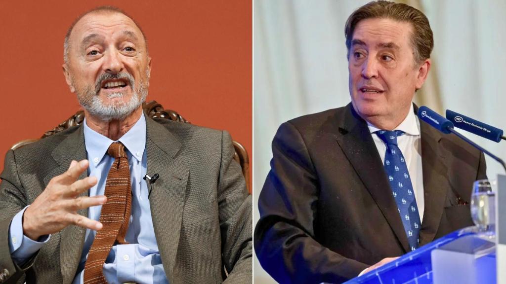 Pérez-Reverte, este martes en la sede de la RAE. A la derecha, García Montero durante el coloquio en el que criticó a Muñoz Machado. Fotos: EFE