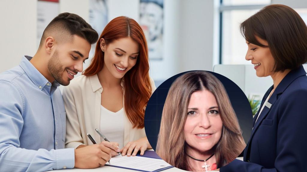 Montaje de Montse Cespedosa con unos jóvenes firmando la hipoteca en una imagen creada con IA.