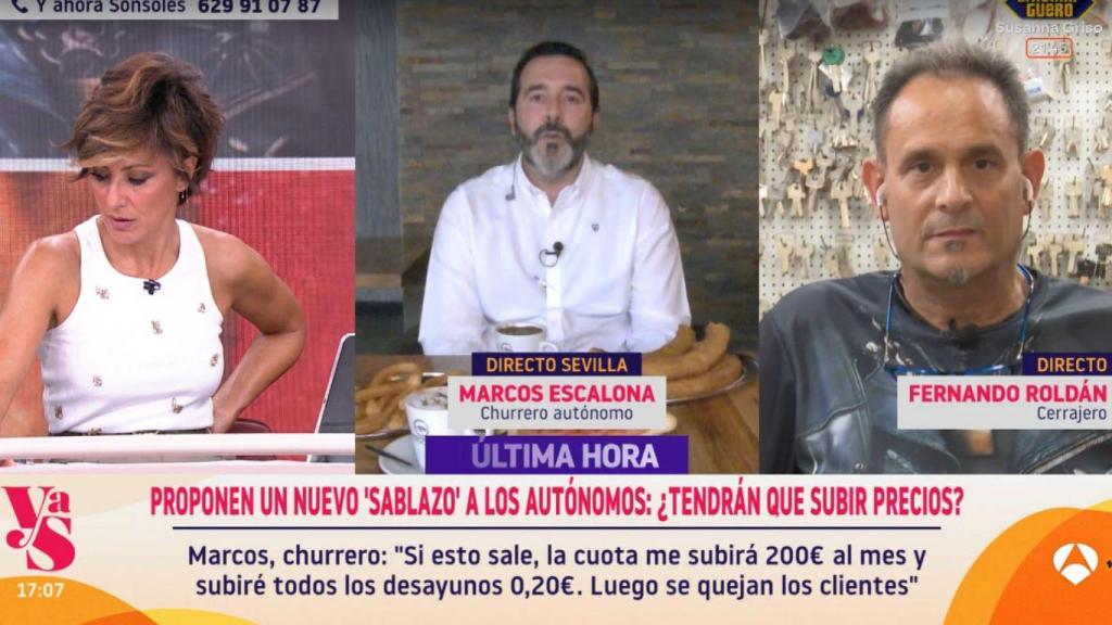 Sonsoles Ónega (izquierda), Marcos Escalona, churrero autónomo, (centro), y Fernando Roldán, cerrajero autónomo,  (derecha)