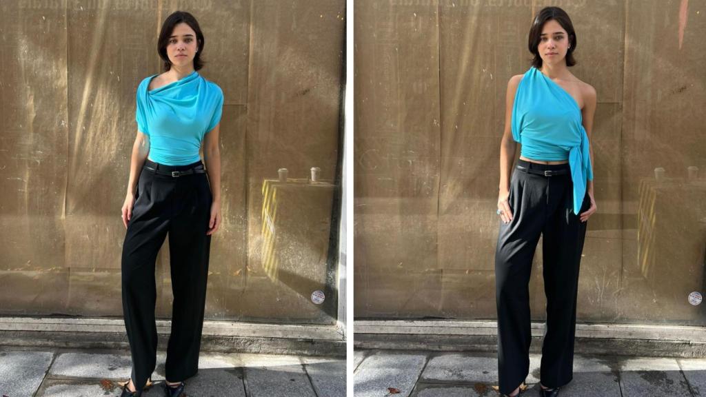 Una modelo con un top de ropa transformable.