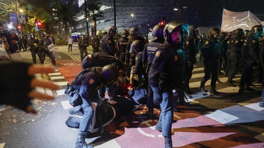Uno de los manifestantes, reducidos en Valencia.