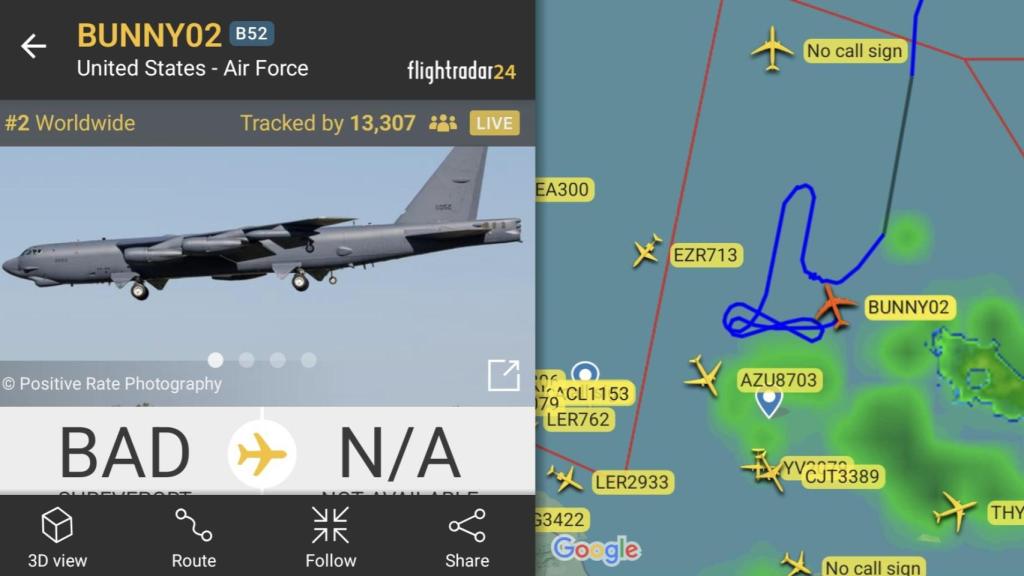 El pene dibujado por la trayectoria de los tres bombarderos de EEUU el martes frente a las costas de Venezuela..