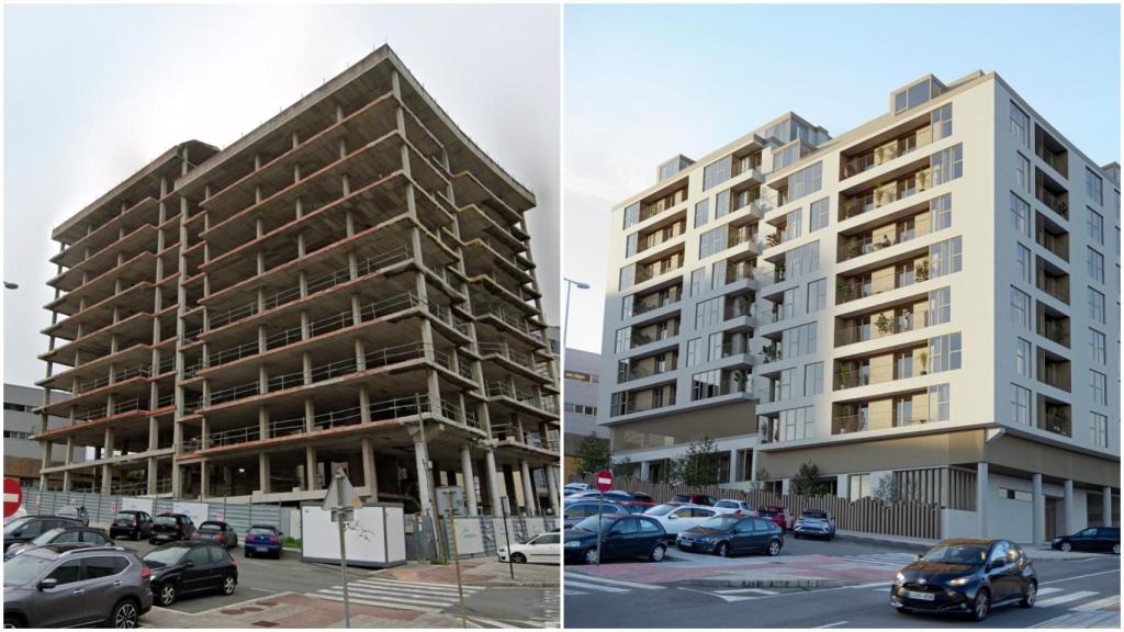 Fachada actual del esqueleto de Os Rosales e imagen virtual de su recuperación tras terminar la obra retomada.