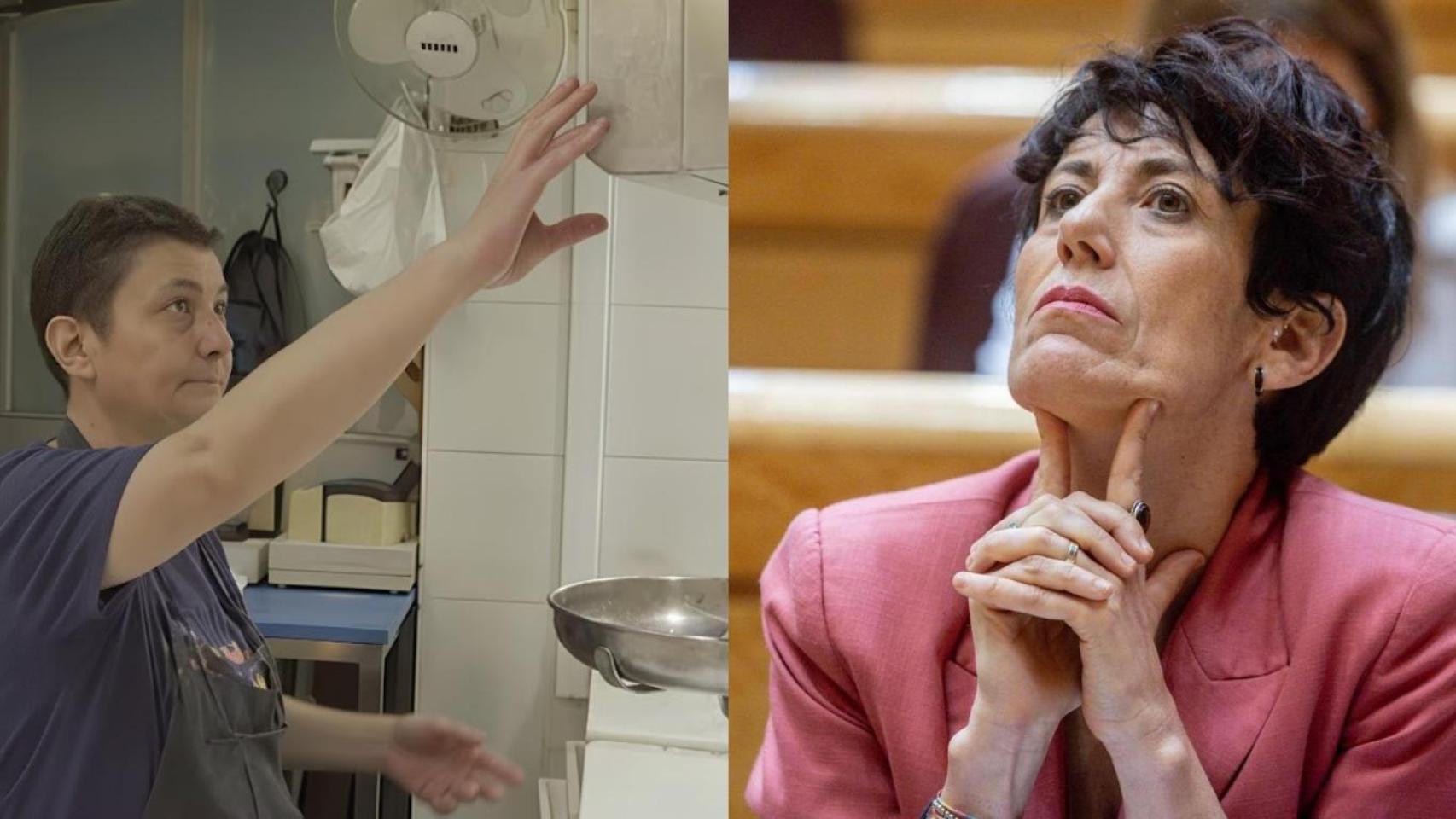 Natalia trabajando en su pescadería y una imagen de la ministra Elma Saiz.