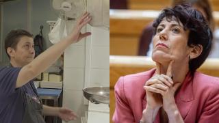 Natalia, pescadera, y una imagen de la ministra Elma Saiz.