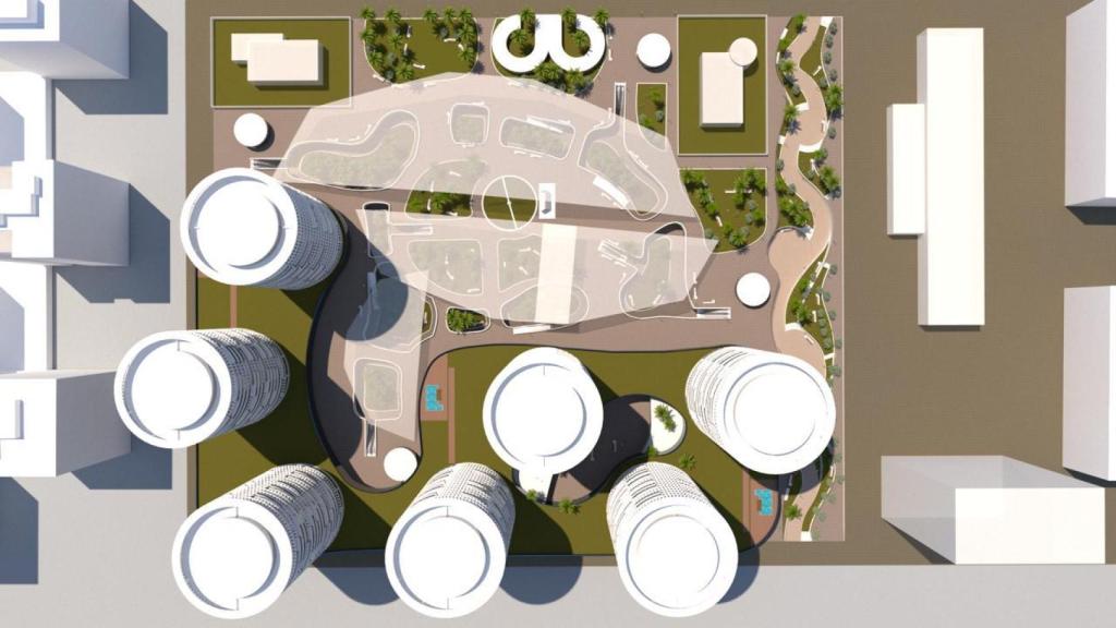 Figuración de la vista aérea del proyecto residencial para las parcelas de Mestalla que propuso la cooperativa ADU. EE