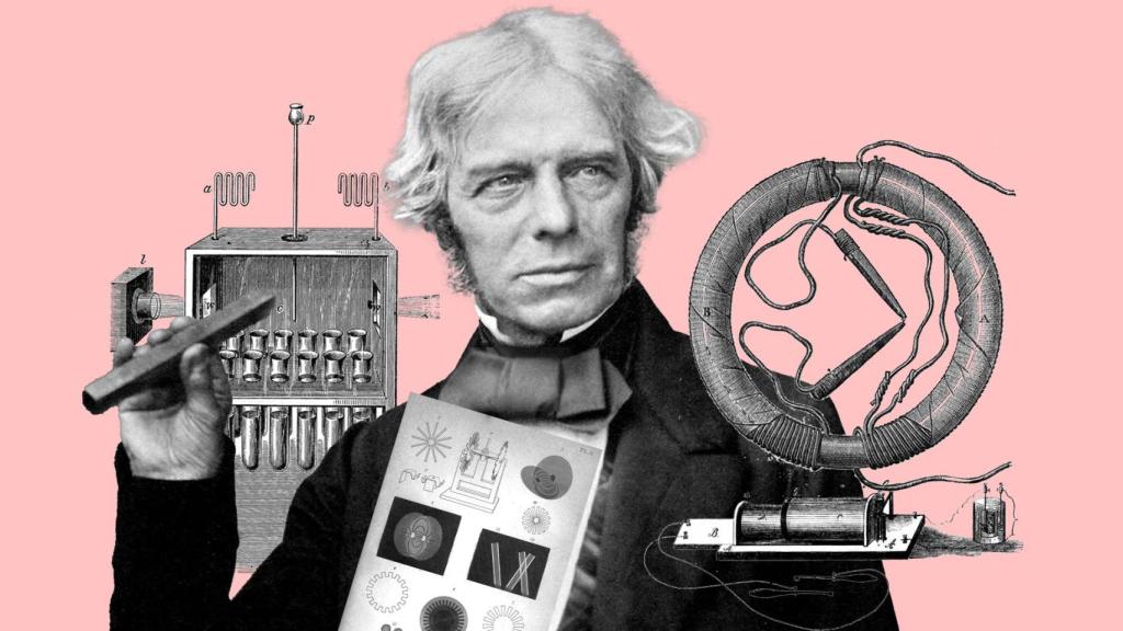 El científico británico Michael Faraday con varias de las herramientas empleadas durante sus estudios. Diseño: Rubén Vique
