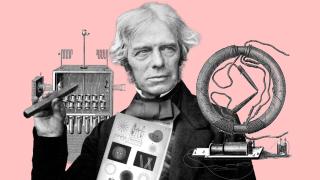 El científico británico Michael Faraday con varias de las herramientas empleadas durante sus estudios. Diseño: Rubén Vique