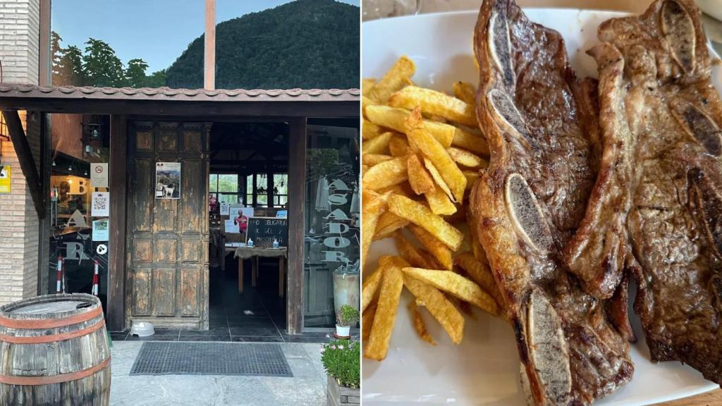 Exterior del restaurante y un plato de carne a la brasa