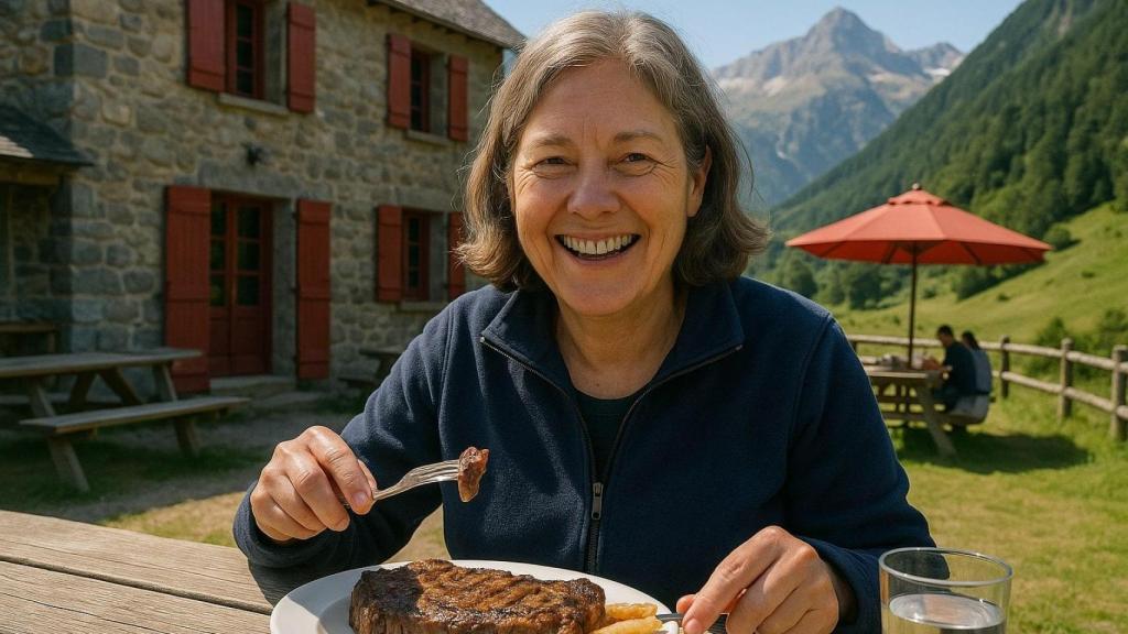 Foto hecha con IA de una clienta probando un chuletón en el Pirineo