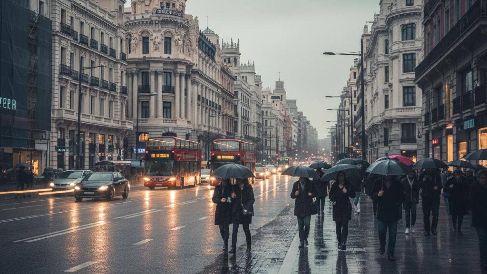 Imagen de varias personas caminando bajo la lluvia por Madrid generada con IA.