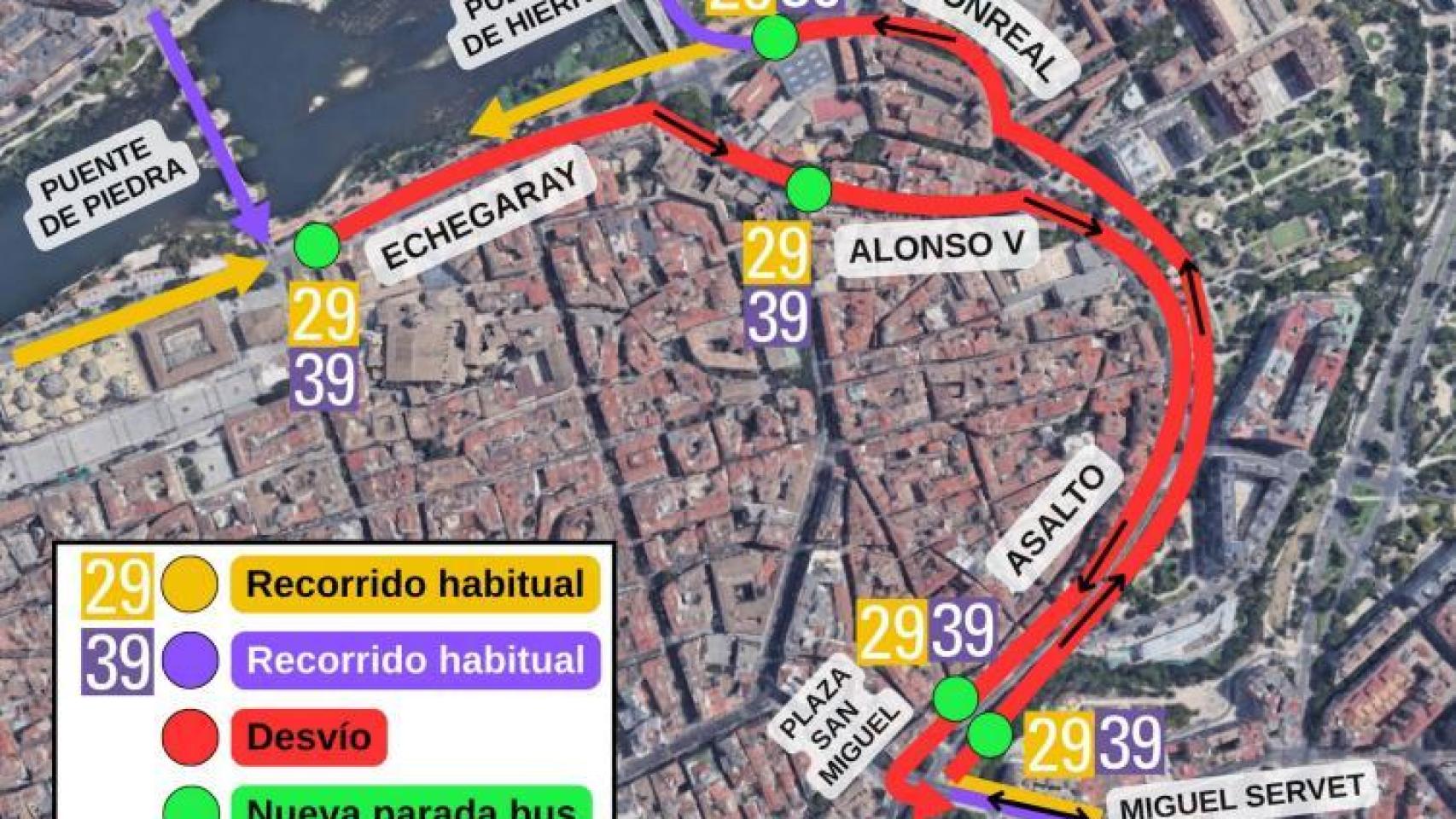 Mapa de cambios en dos líneas de bus en Zaragoza a partir de este lunes.